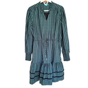 Draper James RSVP Womens L Green Black Plaid Tiered Long Sleeve Holiday Dress